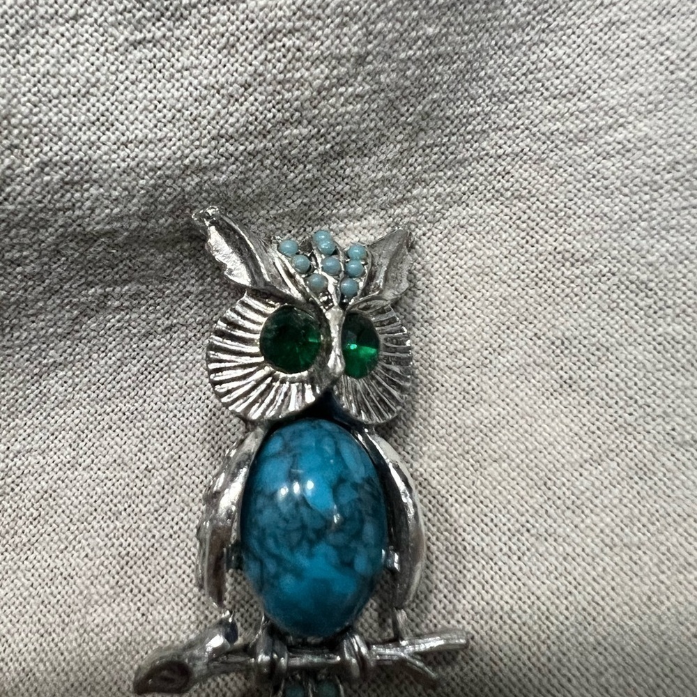 Vintage Silver Tone Faux Turquoise Owl Pendant with Bright Green Rhinestone Eyes - Picture 2 of 3